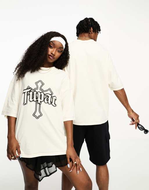 ASOS DESIGN unisex oversized licensed T shirt with Tupac front print in ecru ASOS