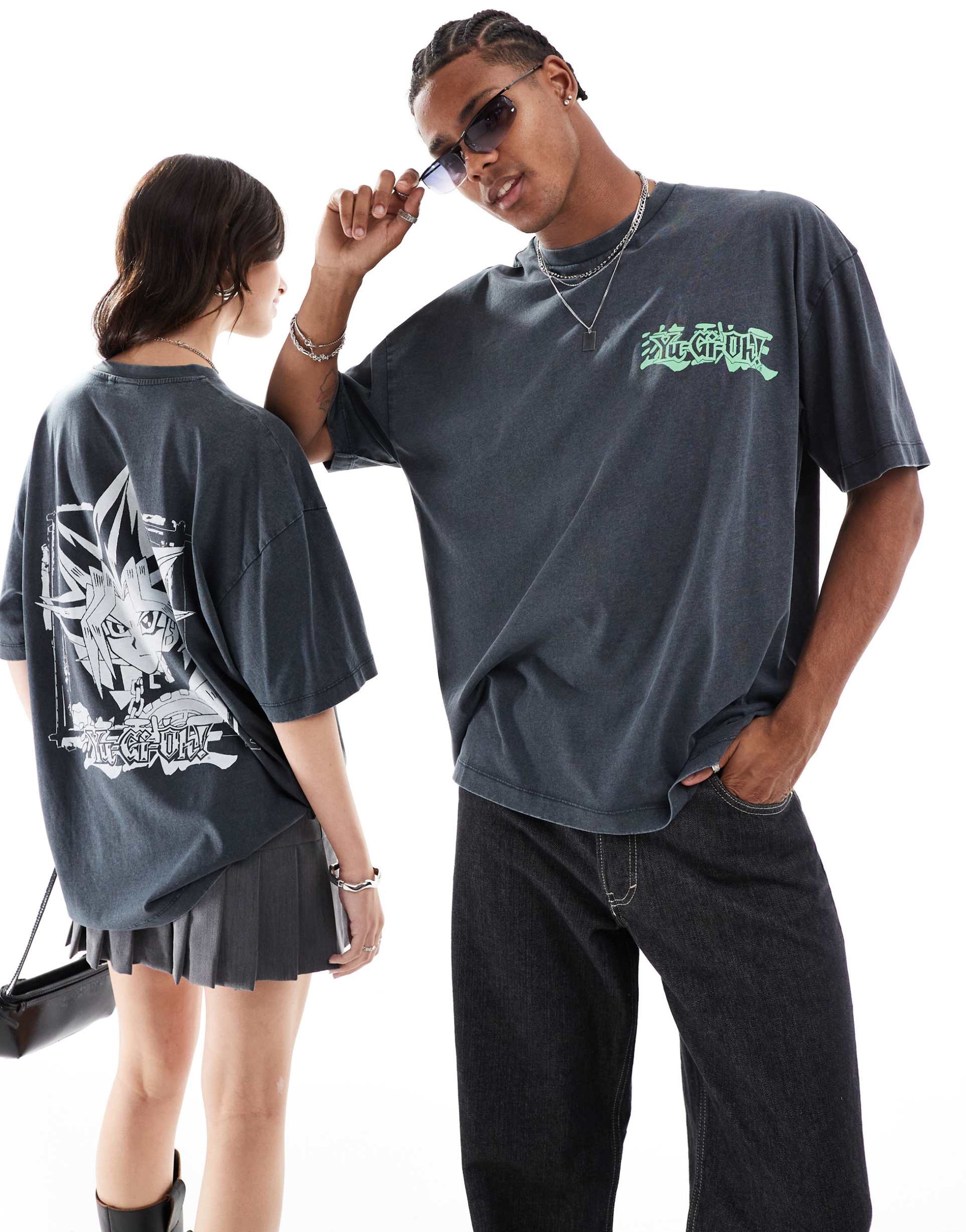 asos design unisex oversized licensed t-shirt with yu-gi-oh! prints in washed black