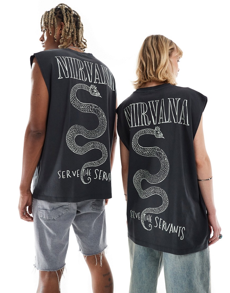 unisex oversized licensed tank top in washed black with Nirvana graphic prints