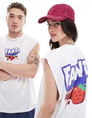 Asos Design Unisex Oversized Licensed Tank Top With Fanta Strawberry's And Cream Prints In White
