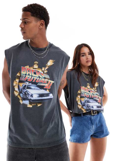 ASOS DESIGN Unisex - Oversized overdel i forvasket sort med grafisk 'Back To The Future'-print