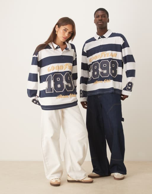 ASOS DESIGN - Unisex - Oversized poloskjorte med lange ærmer, 'Goodyear'-print og blå/hvide striber, 4 af 4