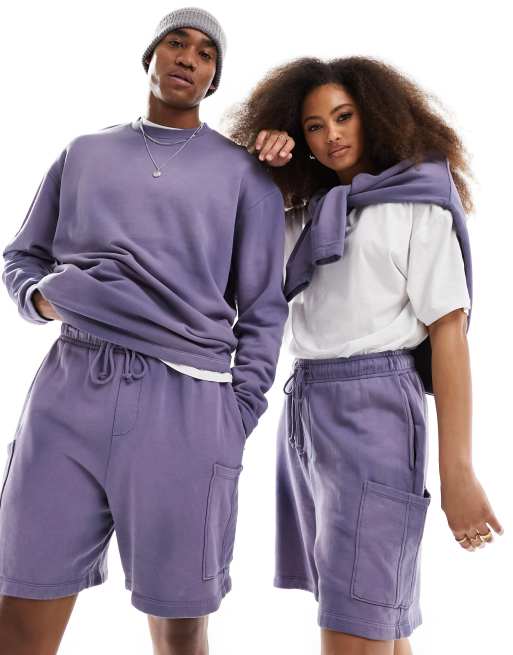 ASOS DESIGN unisex oversized shorts with cargo pocket in washed purple - part of a set
