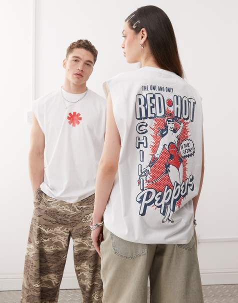 ASOS DESIGN unisex oversized singlet with Red Hot Chili Peppers prints in white - view 1