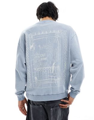 Asos Design Unisex Oversized Sweatshirt In Washed Blue With Back Drawing Print