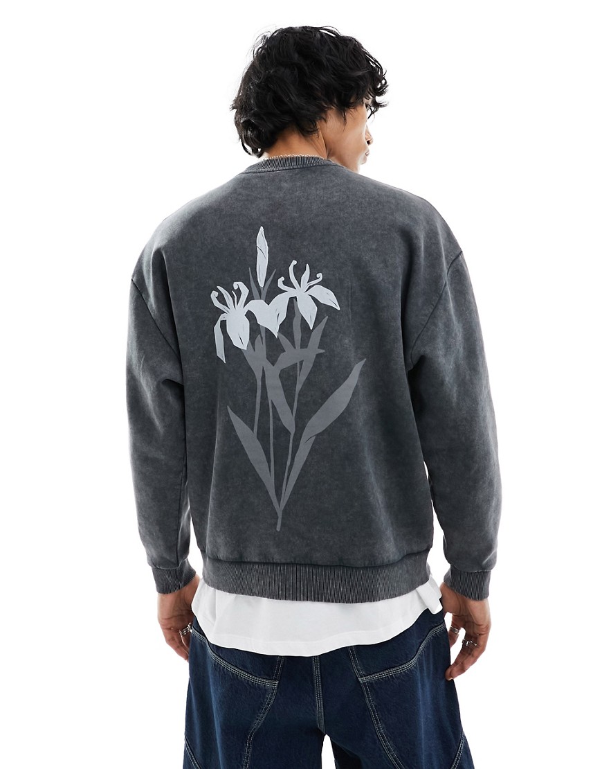 Asos Design Unisex Oversized Sweatshirt In Washed Charcoal With Front And Back Flower Print-gray