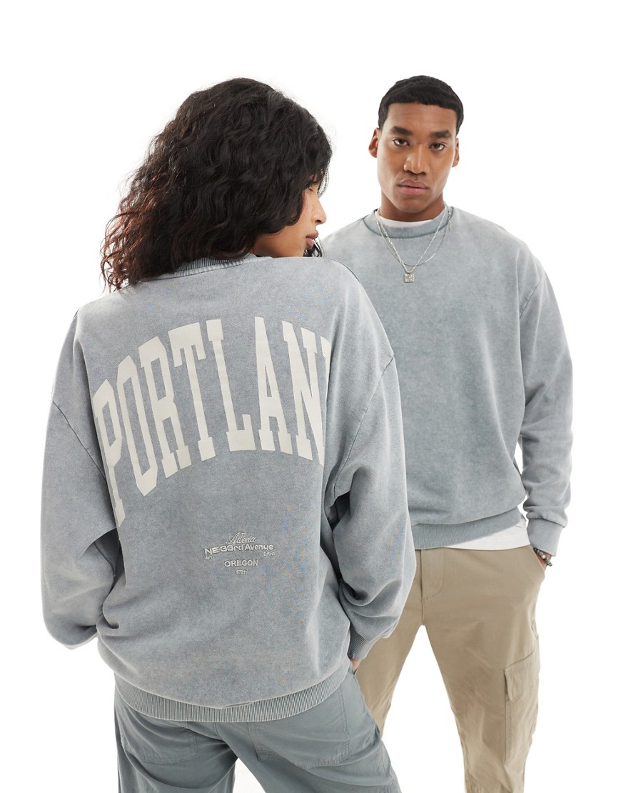 unisex oversized sweatshirt in washed gray with city print and embroidery