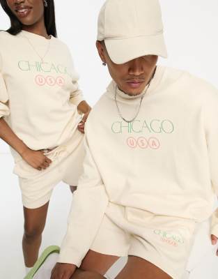 ASOS DESIGN unisex oversized sweatshirt with front print in beige (part of a set)