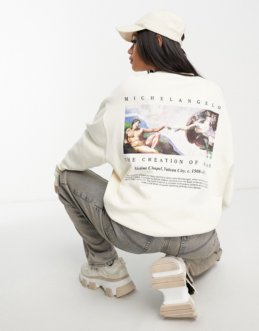 ASOS DESIGN unisex oversized sweatshirt with Michelangelo print in stone-Neutral