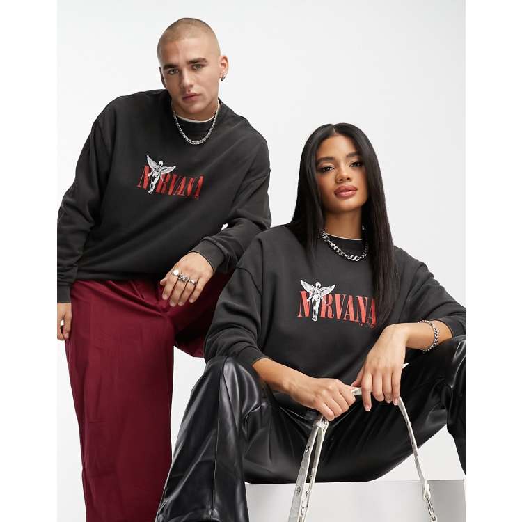 ASOS DESIGN unisex oversized sweatshirt with Nirvana print in washed black  | ASOS