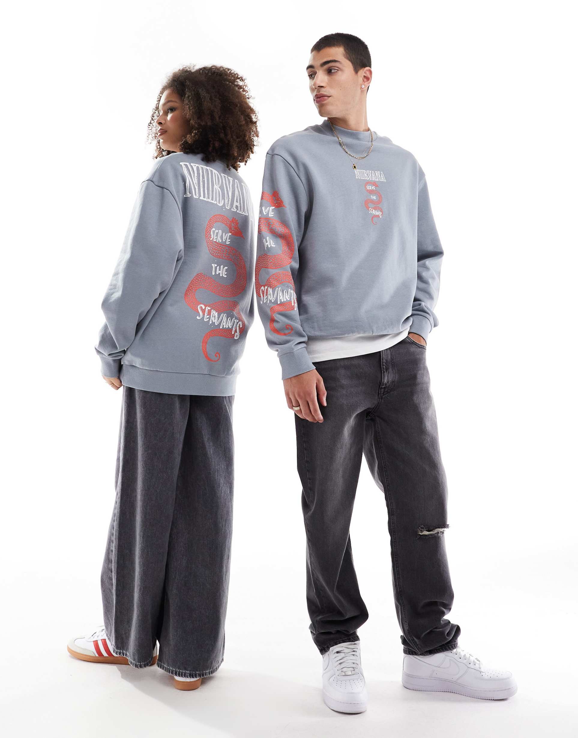 asos design unisex oversized sweatshirt with nirvana serve the servants prints in gray