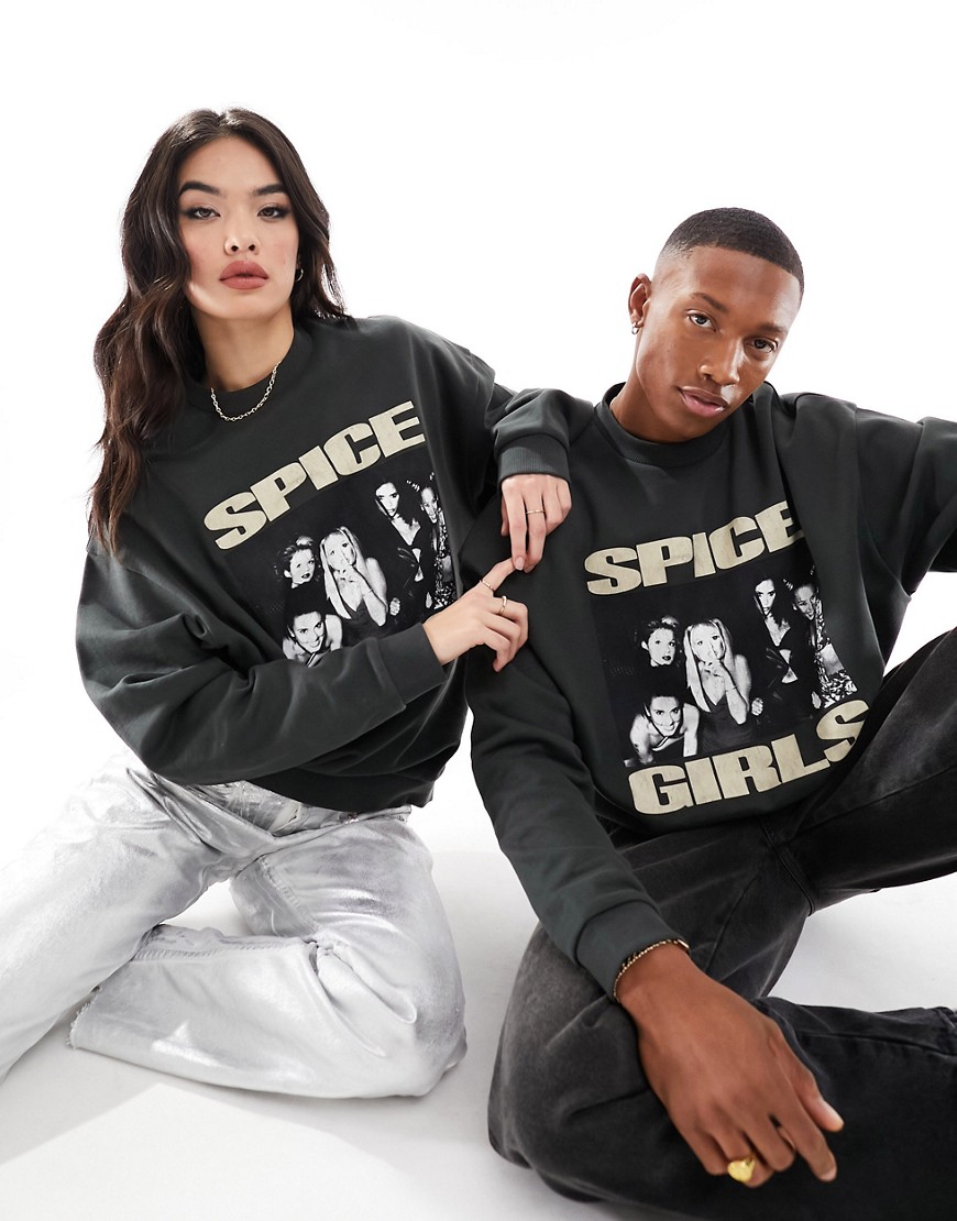 ASOS DESIGN unisex oversized sweatshirt with Spice Girls graphics in charcoal-Grey