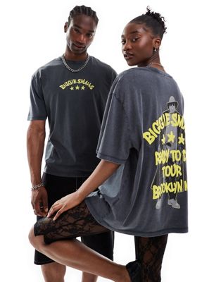 Asos Design Unisex Oversized T-shirt In Washed Black With Biggie Smalls Puff Print In Blue