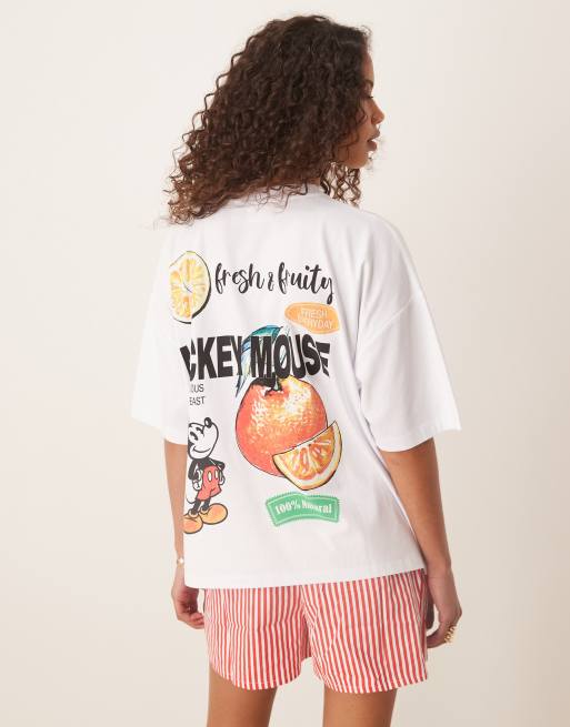 ASOS DESIGN - Unisex oversized T-shirt met Disney Mickey Mouse met fruitprints in wit, 3 van 4