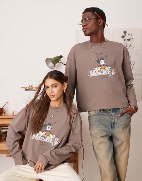ASOS DESIGN - Unisex oversized T-shirt van zware stof met lange mouwen en Disney Mickey Mouse-print in bruin - view 1