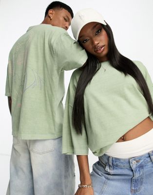 ASOS DESIGN unisex oversized t-shirt with back line drawing print in olive wash  - ASOS Price Checker