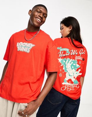 ASOS DESIGN unisex oversized t-shirt with Bugs Bunny Christmas print in red