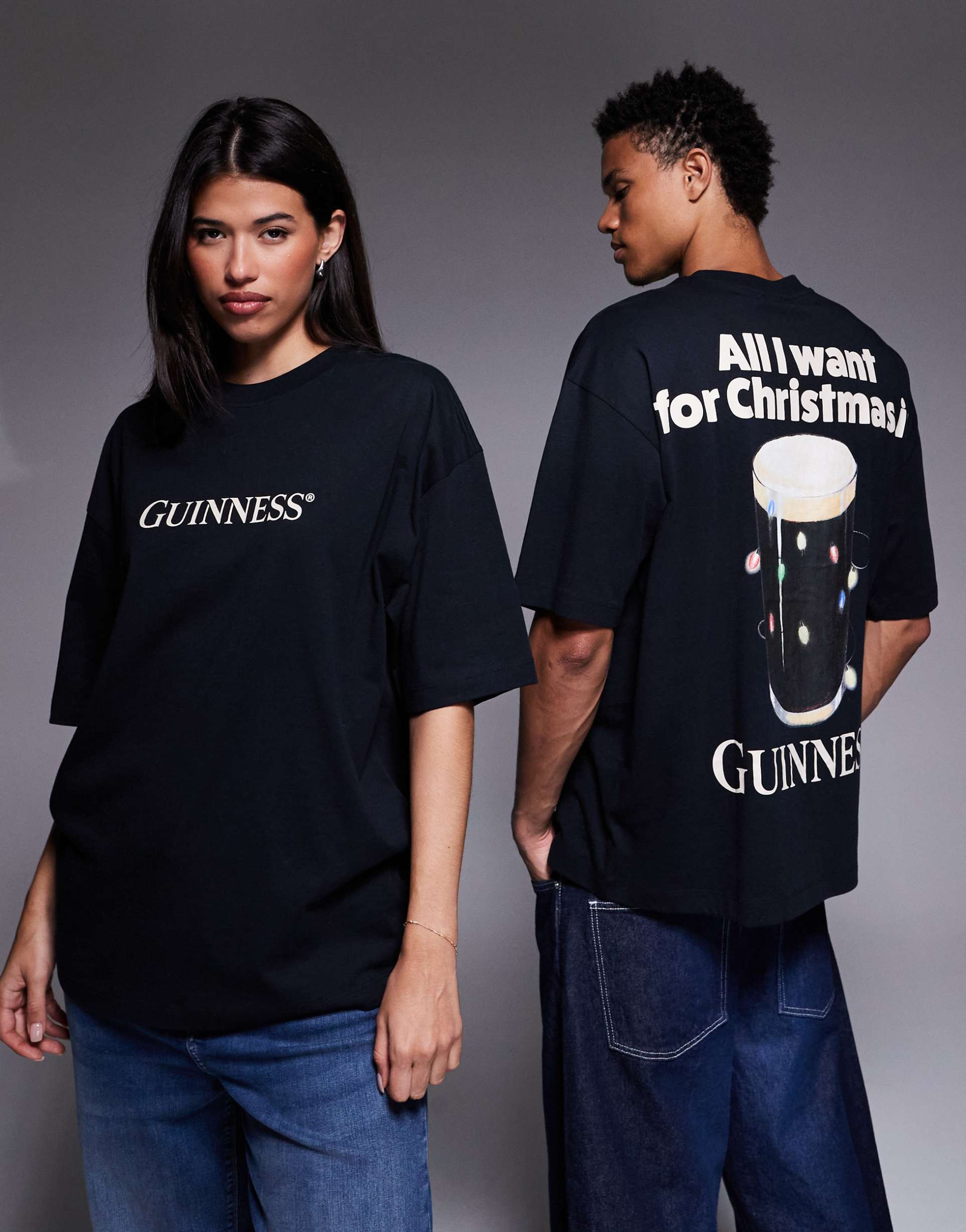 asos design unisex oversized t-shirt with christmas guinness print in black