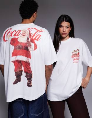 Asos Design Unisex Oversized T-shirt With Coca-cola Print Santa Print In White
