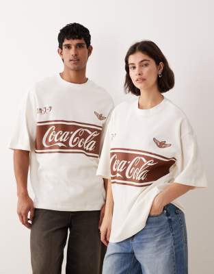 Asos Design Unisex Oversized T-shirt With Coca-cola Prints In Neutral