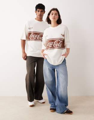 Asos Design Unisex Oversized T-shirt With Coca-cola Prints In Neutral