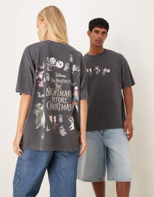 Asos Design Unisex Oversized T-shirt With Disney Nightmare Before Christmas Prints In Gray