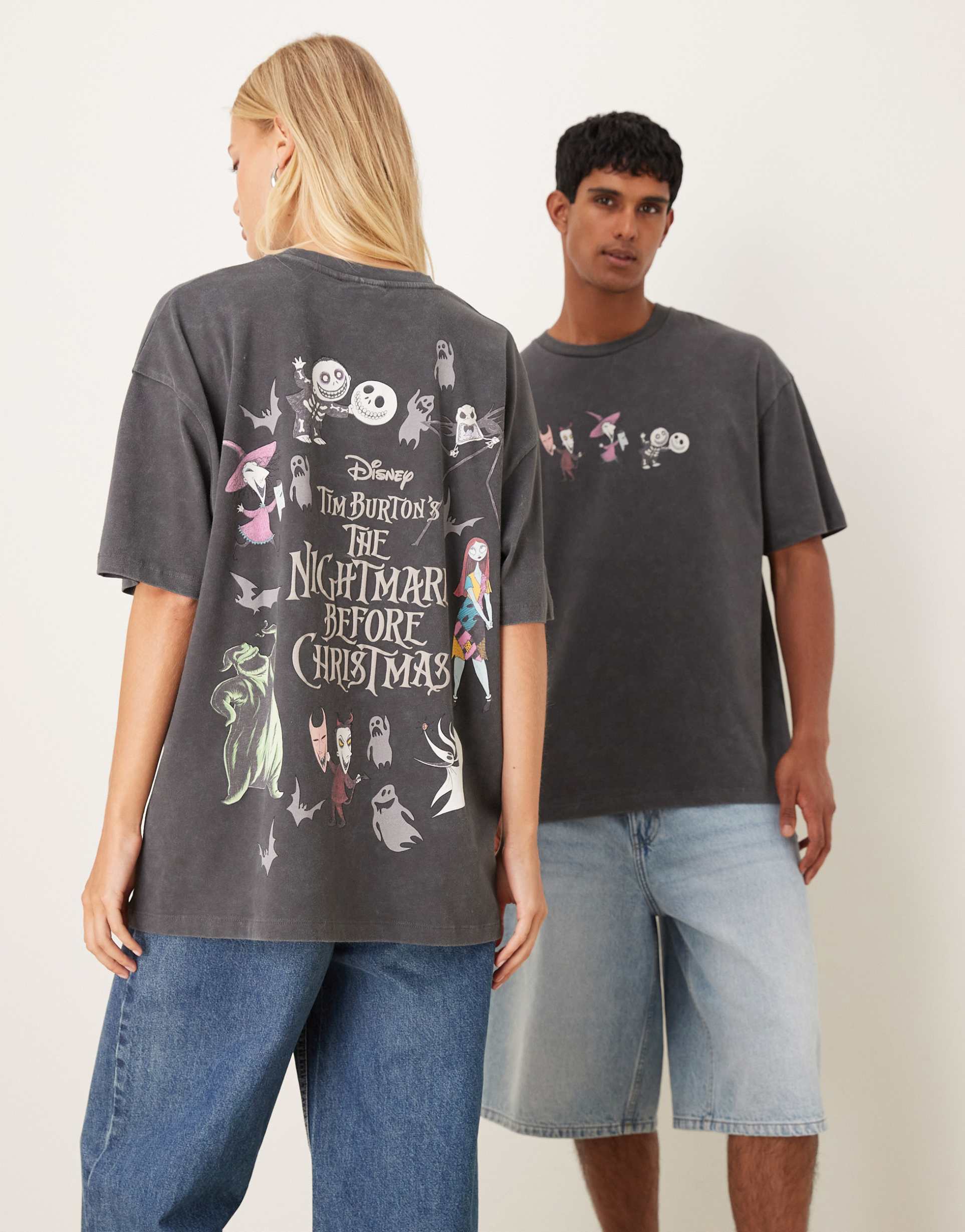asos design unisex oversized t-shirt with disney nightmare before christmas prints in washed black