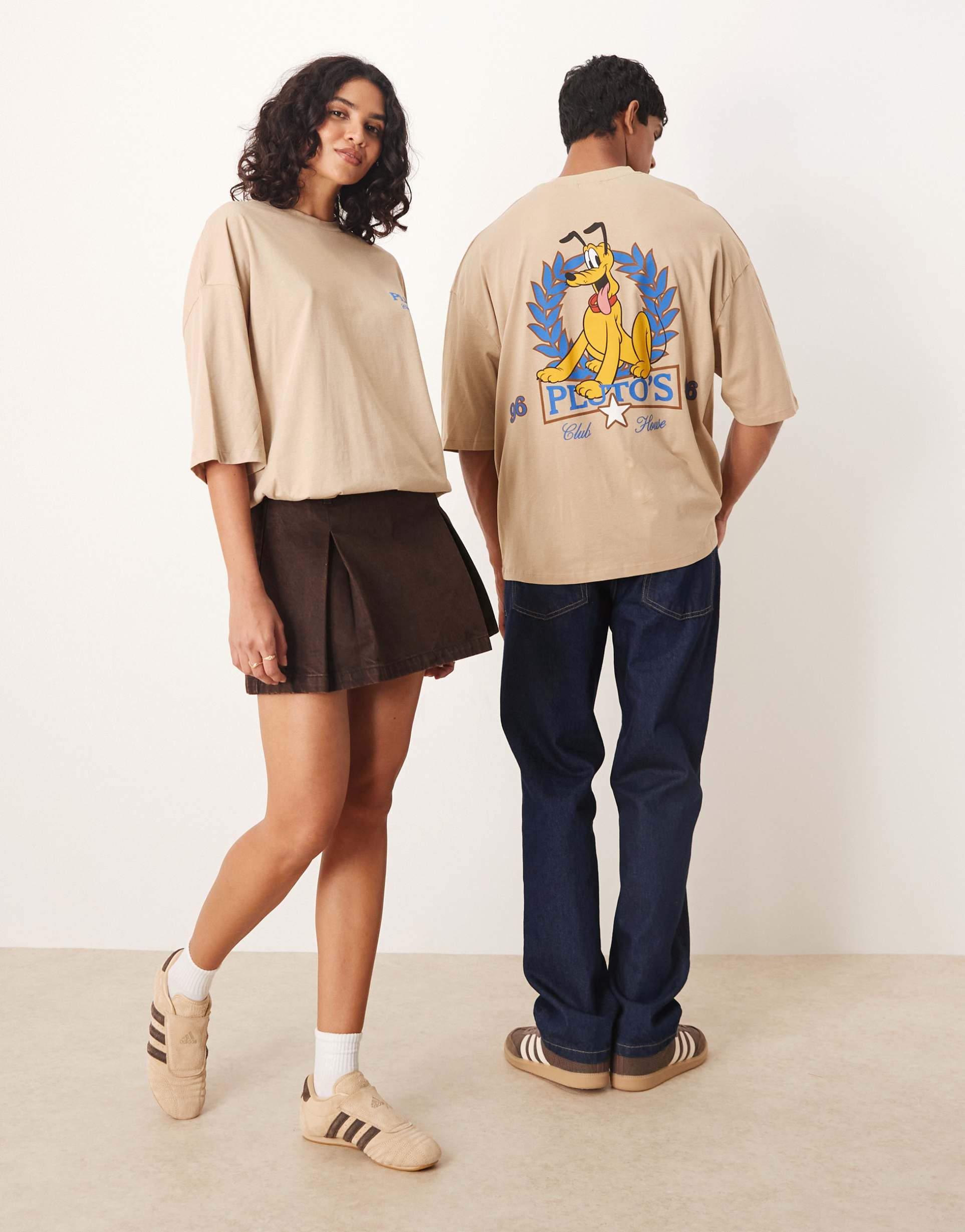 asos design unisex oversized t-shirt with disney pluto prints in beige