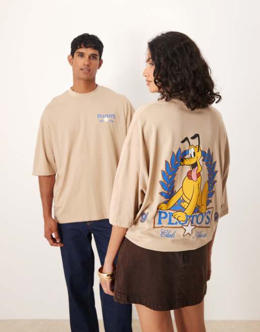 ASOS DESIGN Unisex oversized t-shirt with Disney Pluto prints in beige 