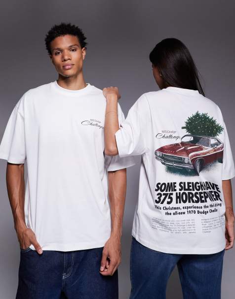 ASOS DESIGN Unisex oversized t-shirt with Dodge Christmas prints in cream - view 1