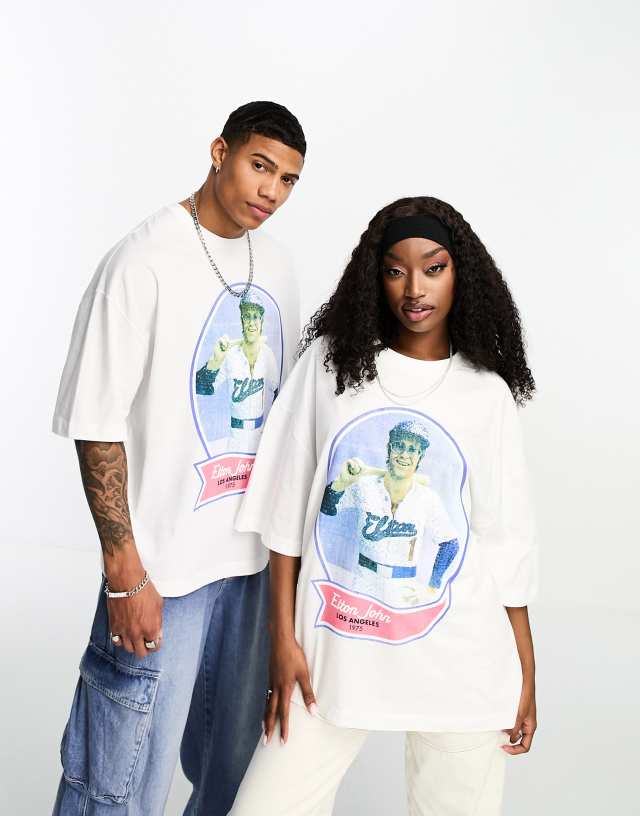 ASOS DESIGN - unisex oversized t-shirt with elton john print in off white