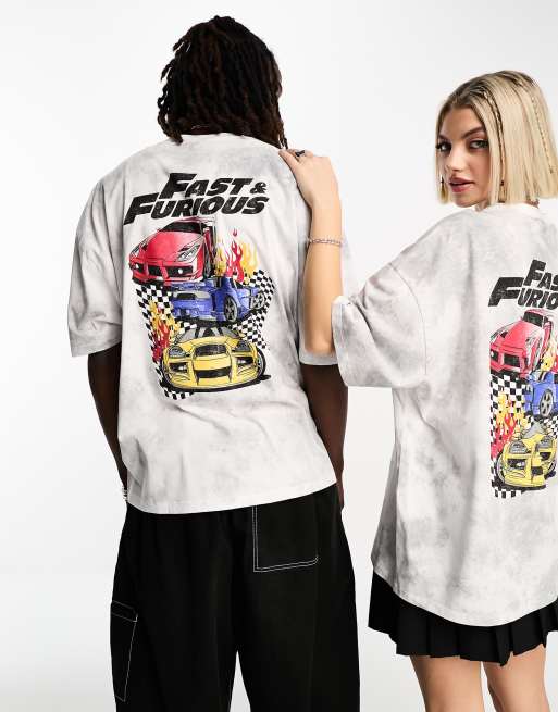 ASOS DESIGN unisex oversized t-shirt with Fast & Furious licence print in tie dye grey