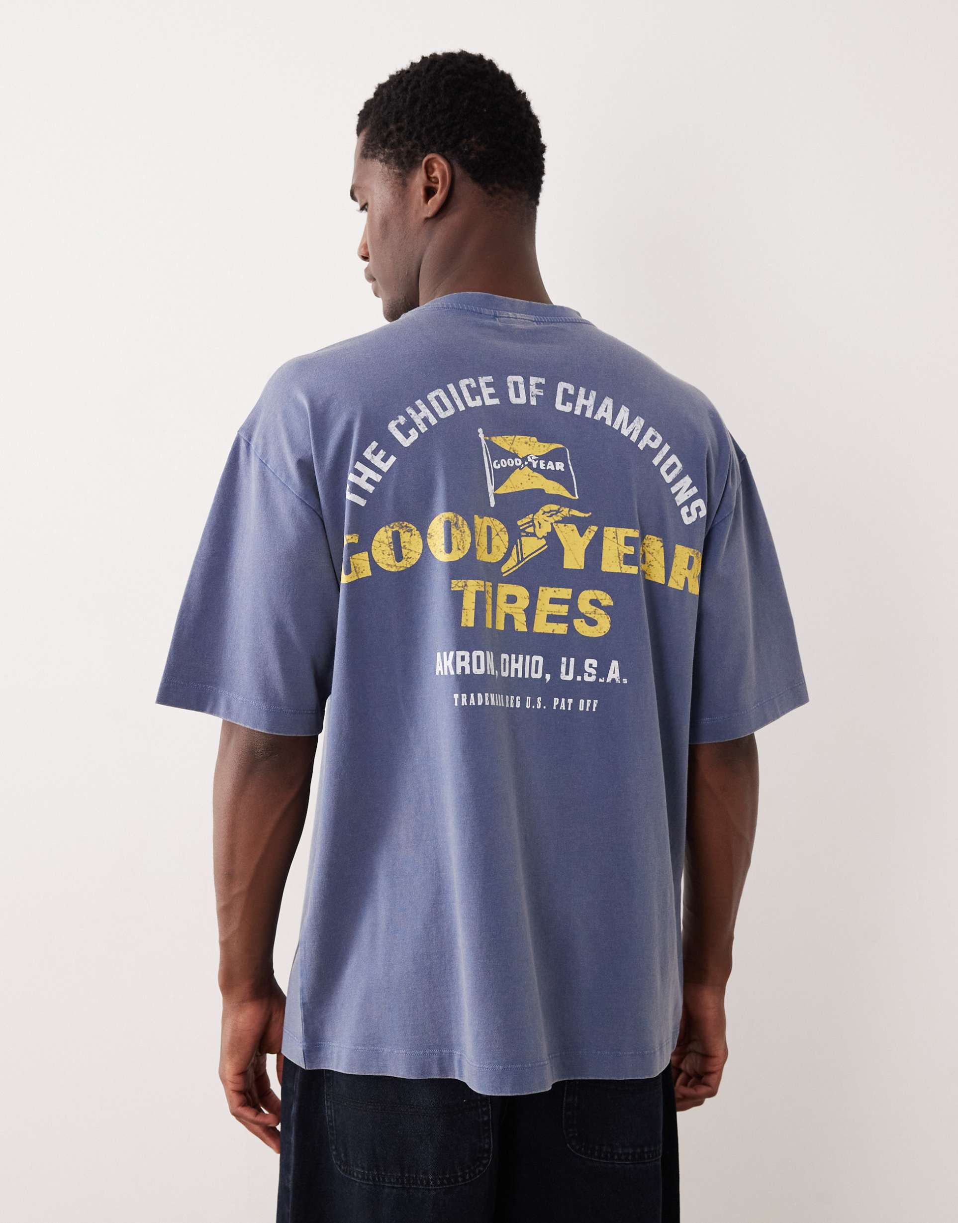 asos design unisex oversized t-shirt with goodyear prints in washed blue