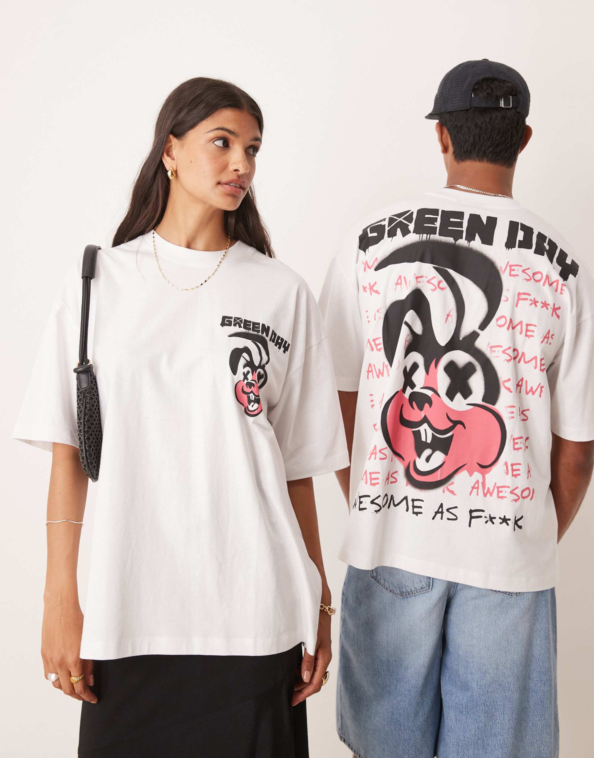 asos design unisex oversized t-shirt with green day prints in white