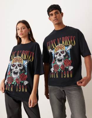 Asos Design Unisex Oversized T-shirt With Guns N' Roses Prints In Black