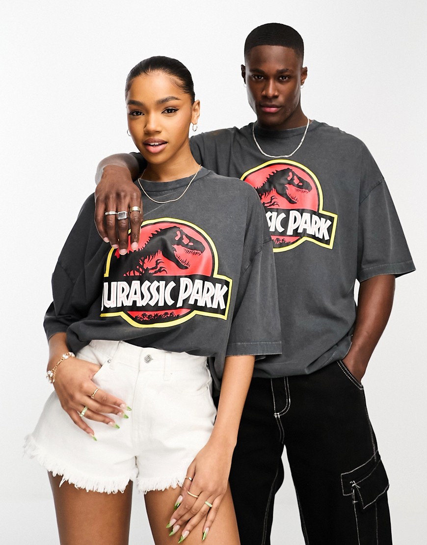ASOS DESIGN unisex oversized t-shirt with Jurassic Park graphic in washed black