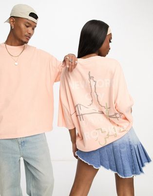 ASOS DESIGN unisex oversized t-shirt with large back graphic print in coral wash  - ASOS Price Checker