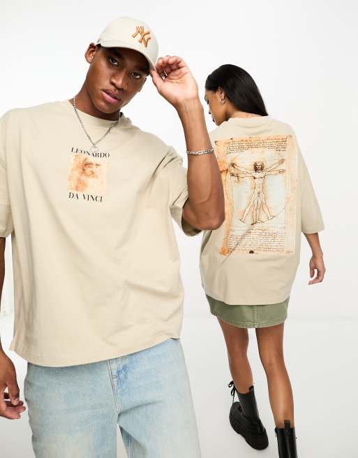 ASOS DESIGN unisex oversized t-shirt with Leonardo DaVinci print in beige