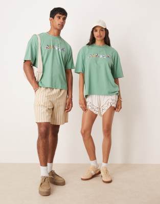 Asos Design Unisex Oversized T-shirt With Mickey Mouse Prints In Green