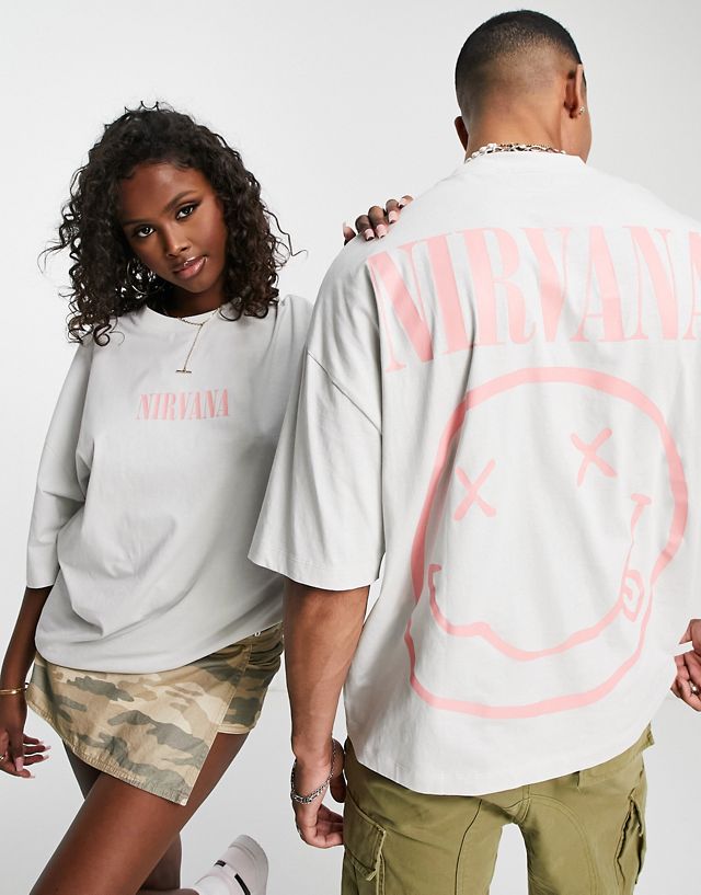 ASOS DESIGN unisex oversized t-shirt with Nirvana print in light gray
