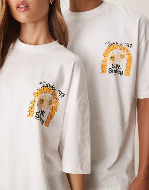 ASOS DESIGN Unisex oversized t-shirt with orange Smile prints in white