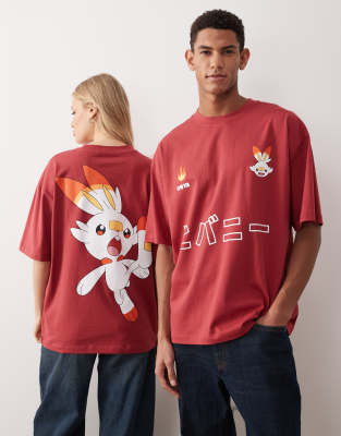 Asos Design Unisex Oversized T-shirt With Pokemon Scorebunny Prints In Red