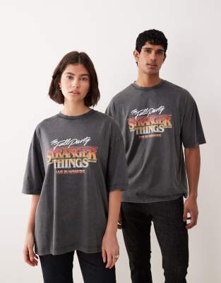 Asos Design Unisex Oversized T-shirt With Retro Stranger Things Print In Gray