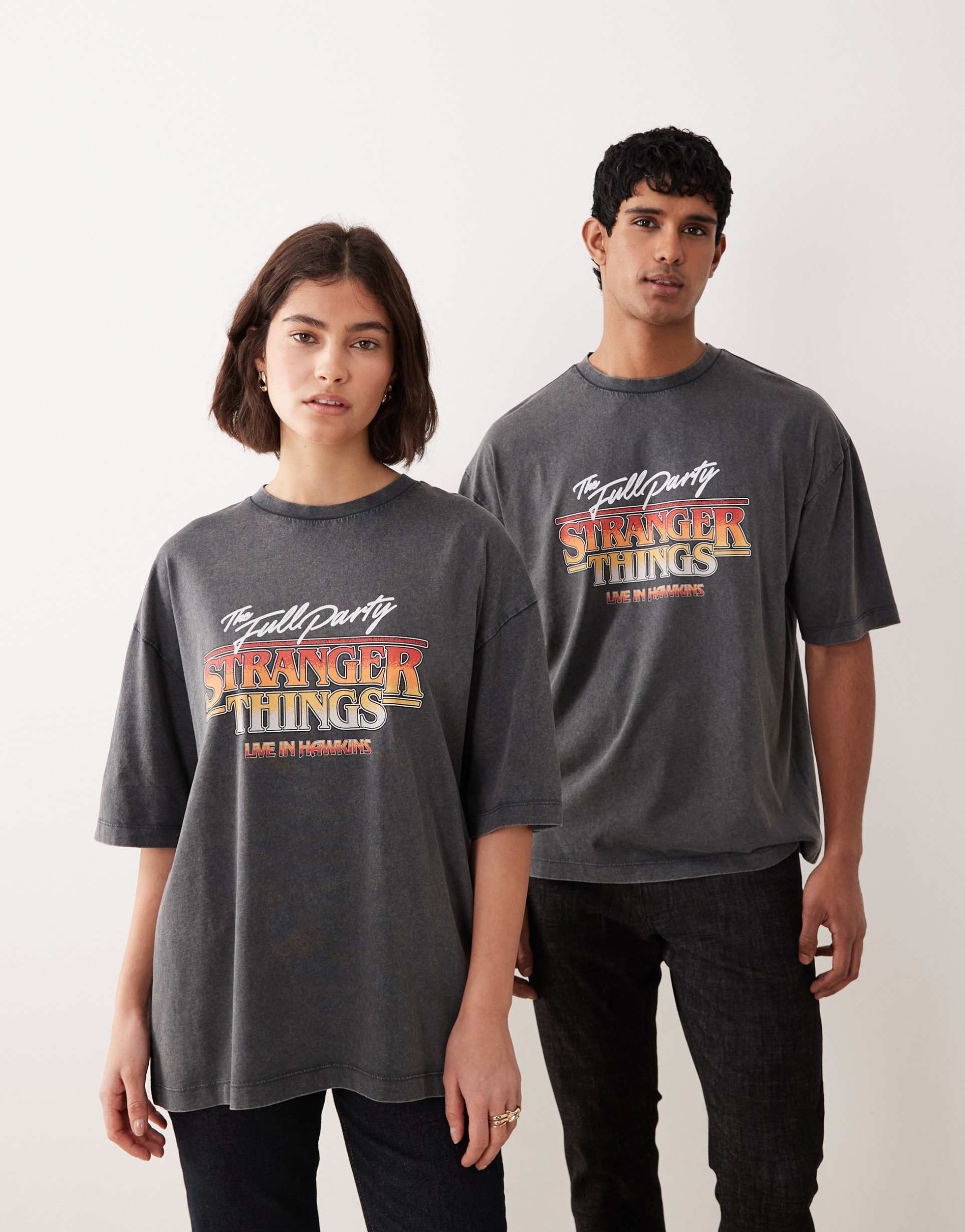 asos design unisex oversized t-shirt with retro stranger things print in washed black