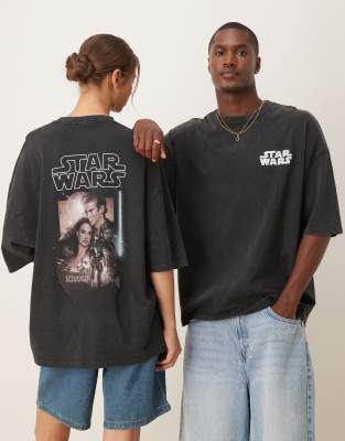 ASOS DESIGN unisex oversized t-shirt with Star Wars Episode I prints in washed black - view 1