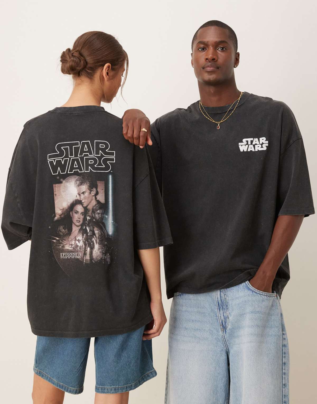 ASOS DESIGN unisex oversized t-shirt with Star Wars Episode II prints in washed black