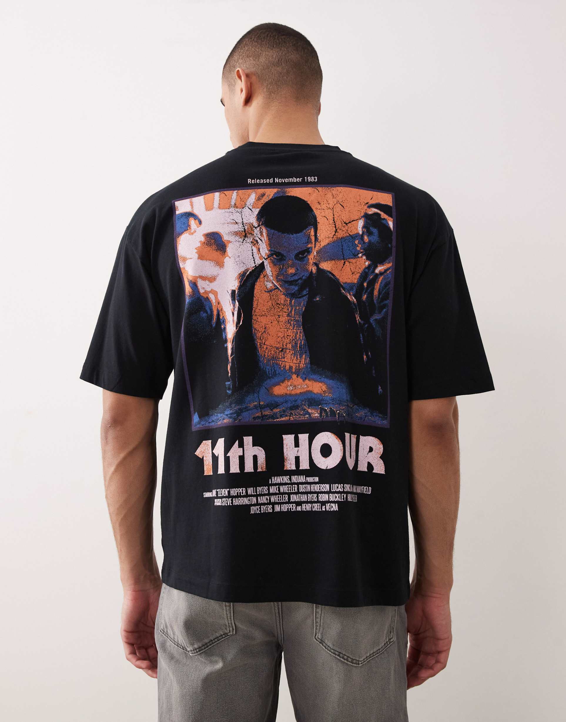 asos design unisex oversized t-shirt with stranger things prints in black