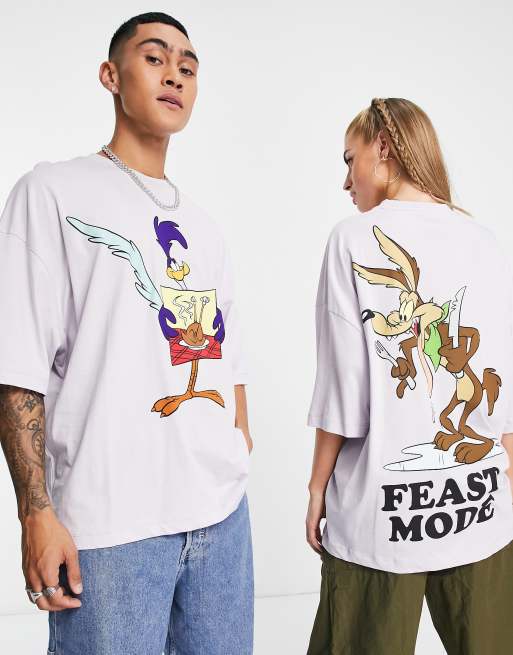 ASOS DESIGN unisex oversized T-shirt with Thanksgiving Looney Tunes-prints in paars