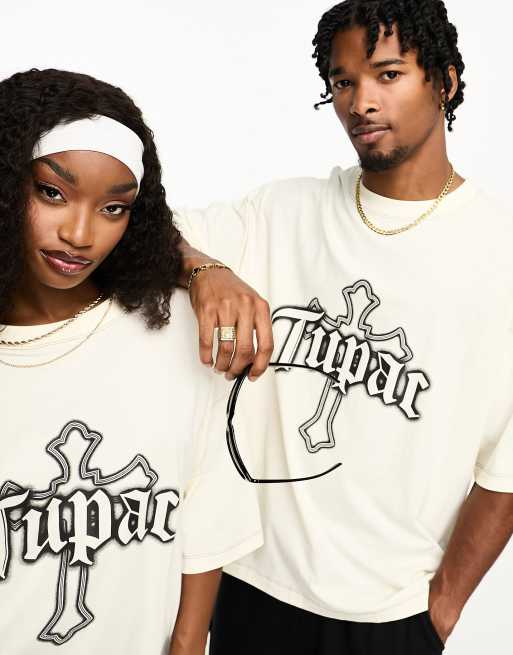 ASOS DESIGN unisex oversized T shirt with Tupac front print in ecru