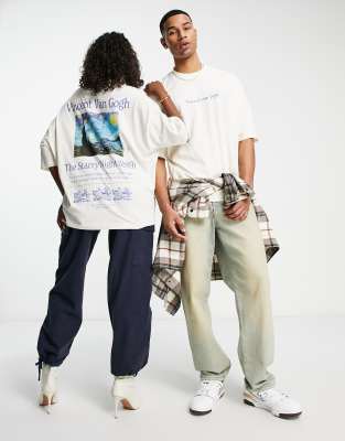 Asos Design Unisex Oversized T-shirt With Van Gogh Prints In Stone-neutral
